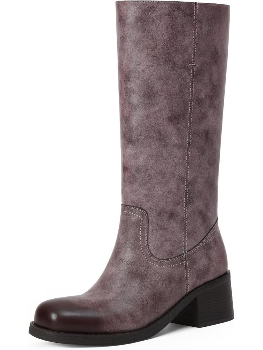 Women's Purple Chunky Block Low Heel Square Toe Trendy Stylish Mid Calf Boot